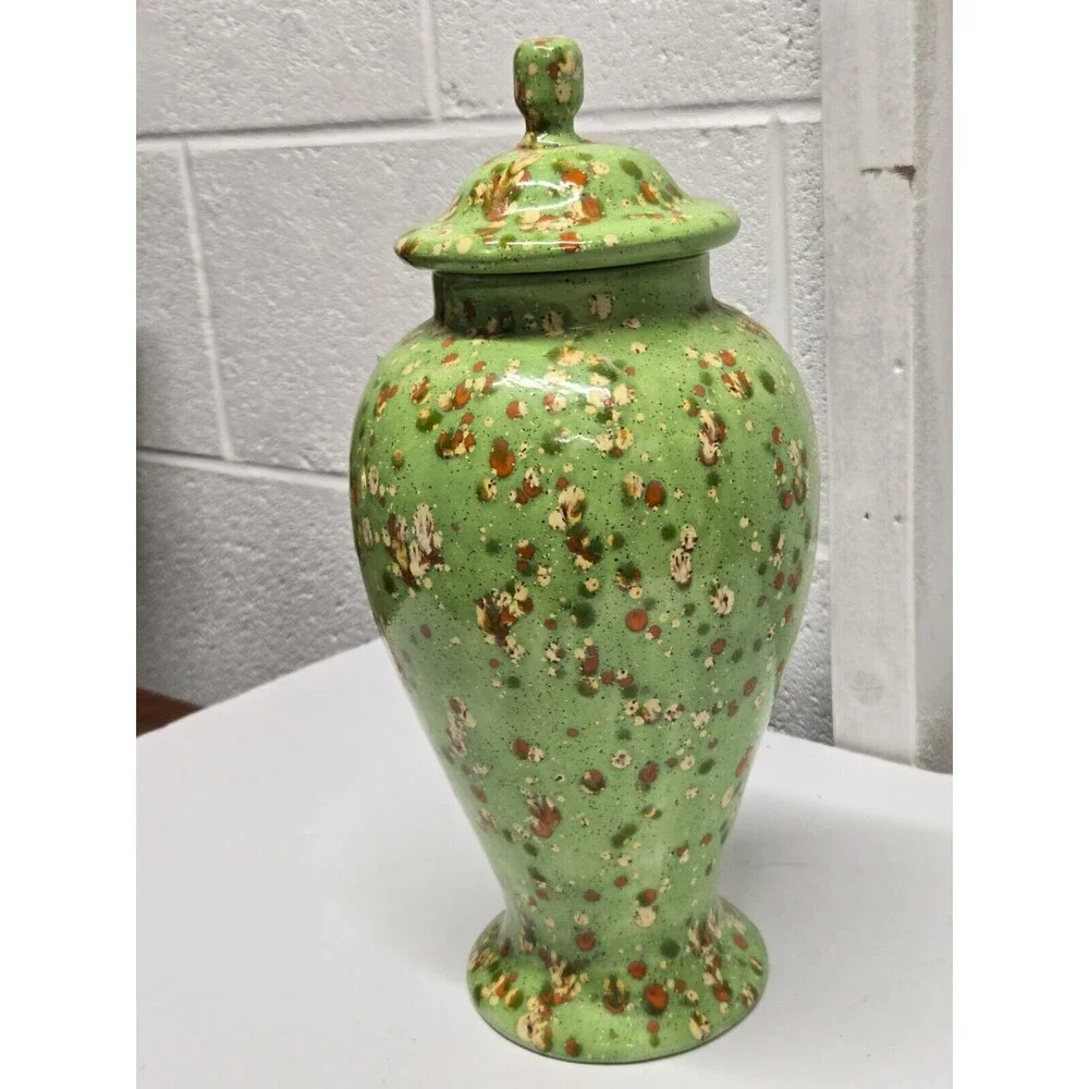 Apothecary Style Jar Lid Large Ceramic Container Green Splatter 70's Perfect